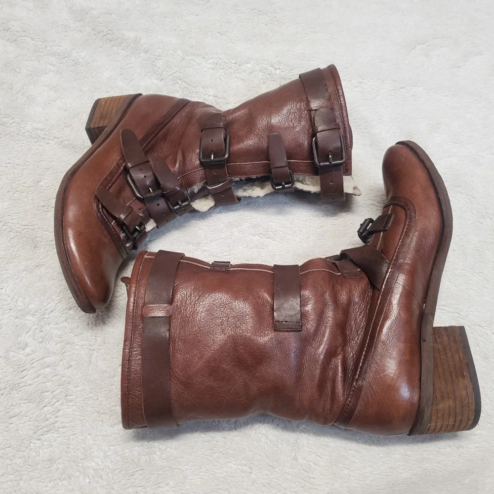 Brown Leather Australian Fur Fuzzy Buckle Tall Boots Women‎ 6 Boho Winter Cozy